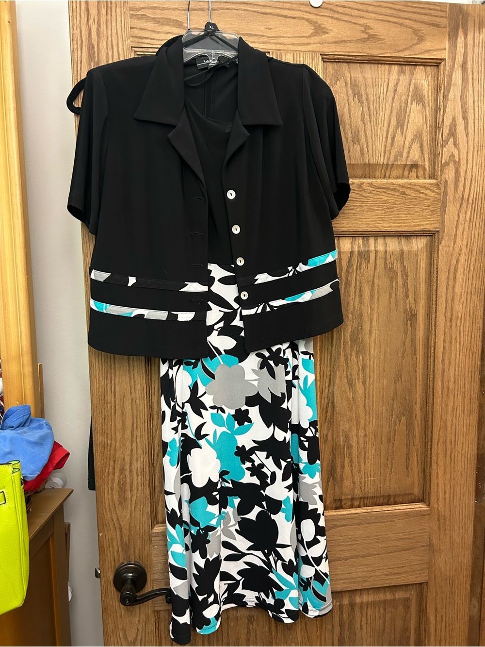 Black Jacket Two-Piece Dress with Teal Floral Skirt